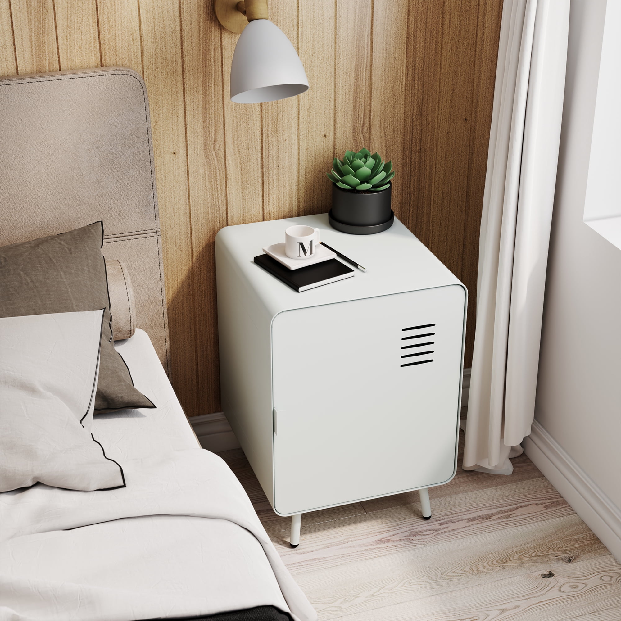 Homy Casa Storage Locker Nightstand with Shelves Metal End Table for Bedroom Dorm Office Chalk White