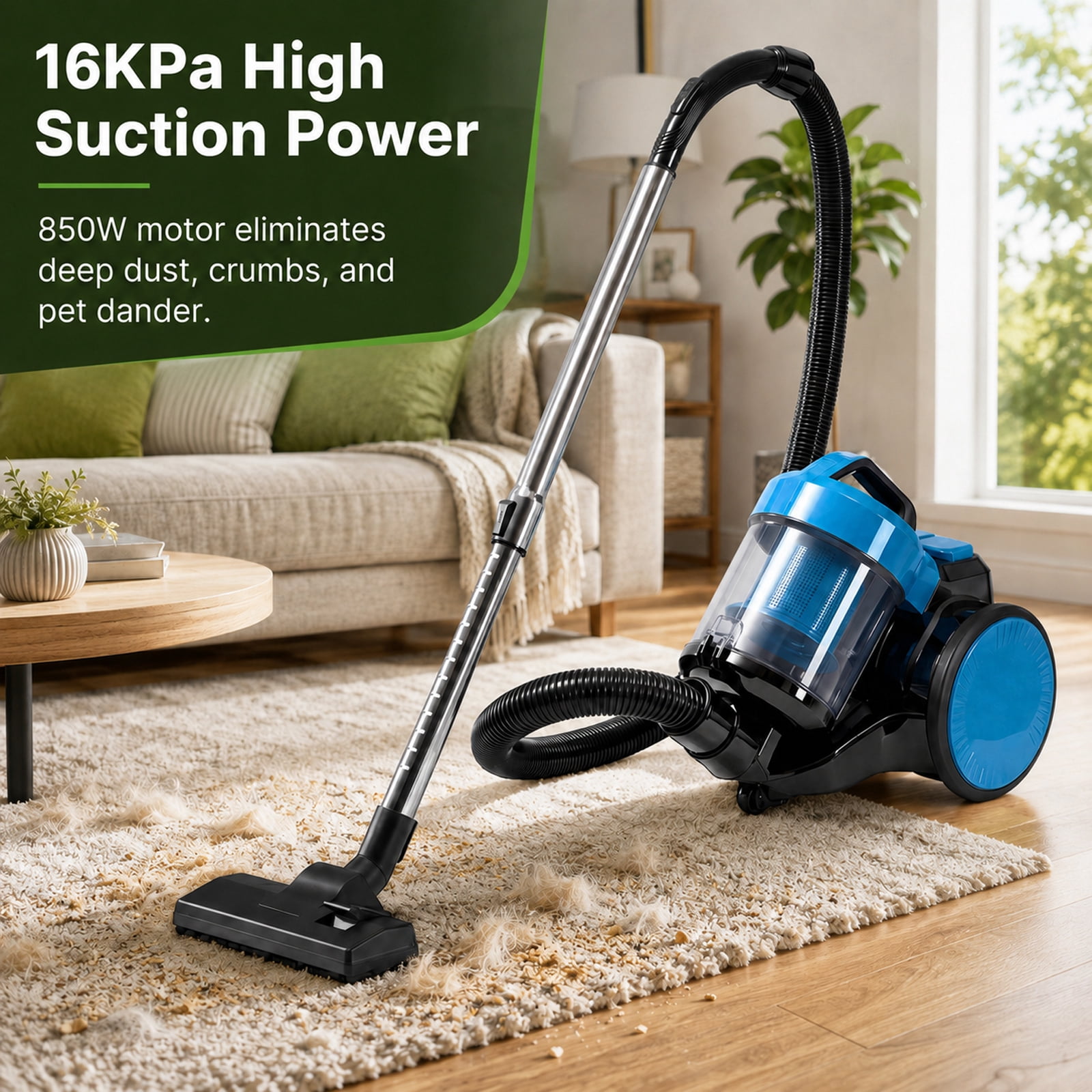 Alvantor Household Portable Vacuum Cleaner, 16Kpa Bagless Canister Cleaner, Lightweight Powerful Vacuum for Carpets and Hard Floors, 1.8L, with Washable HEPA Filter, Auto-Rewind