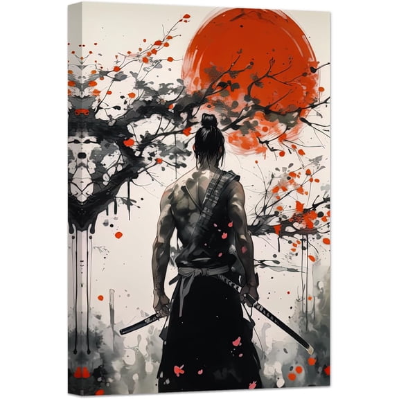 ZHONGYUTONG Japanese Samurai Wall Art Black and White Armored Samurai Canvas Picture Japan Warrior Poster Bushido Print Wall Decor Framed (12" x 18")