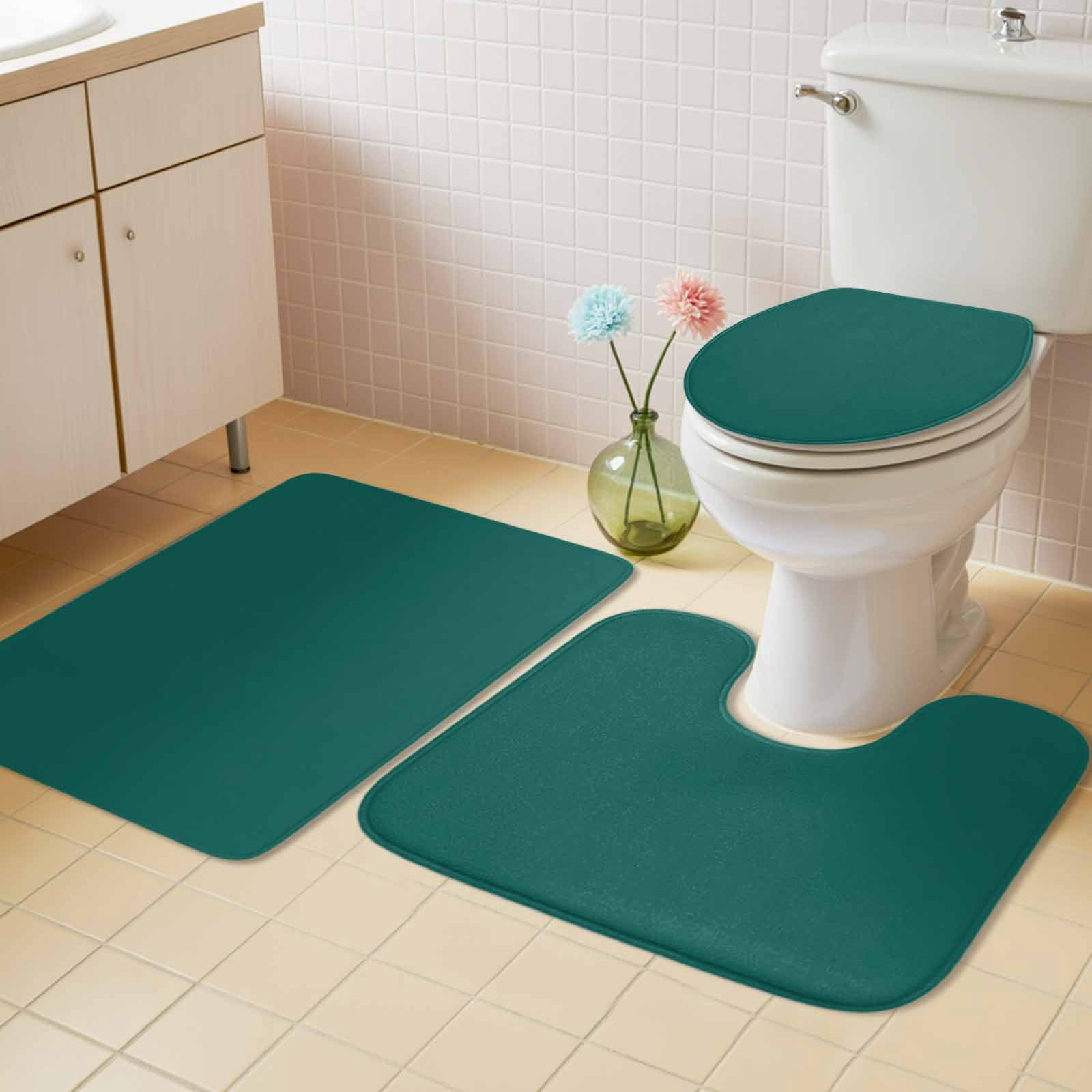Dark Green Bath Mat 3 Piece Bathroom Rug Set, Modern Pure Dark Green Non Slip Bath Rug Contour Mat and Toilet Lid Cover, Absorbent Shower Mats Soft Bath Rugs and Mats Sets