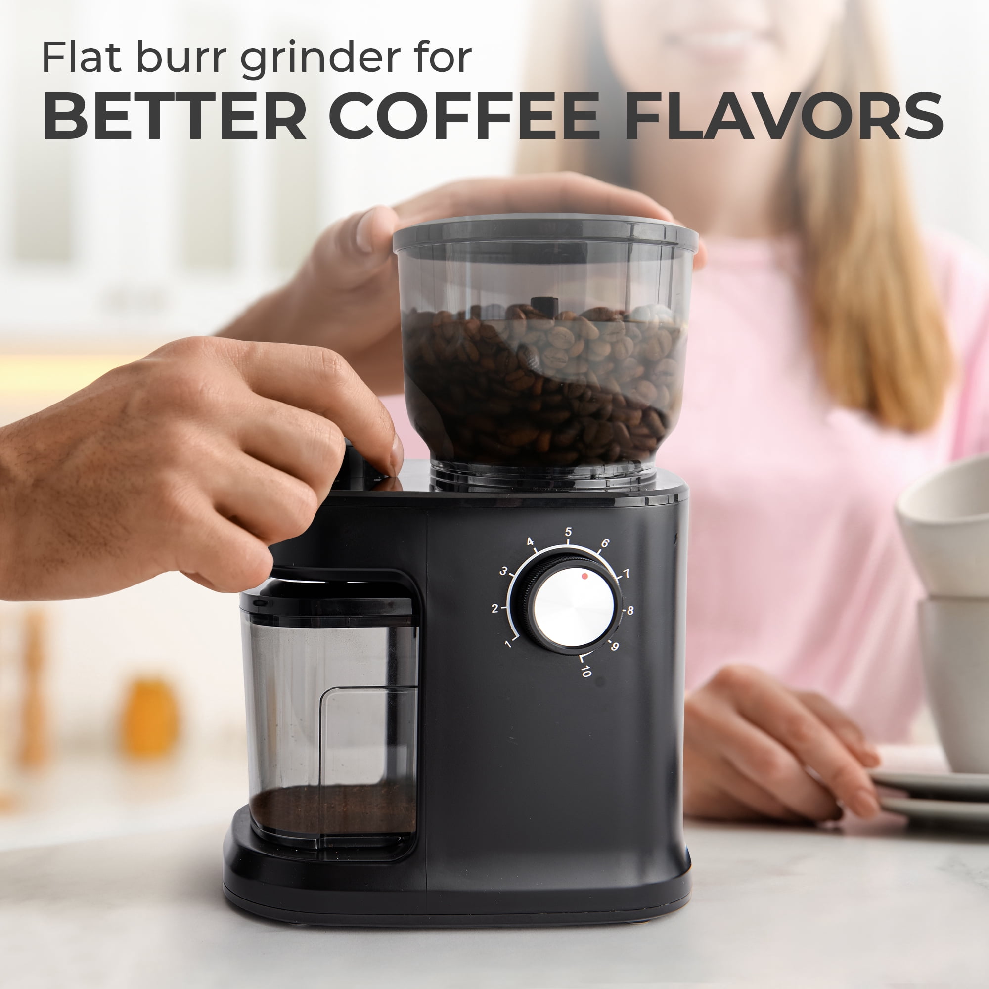 Kaffe Electric Burr Coffee Grinder (8oz) – Adjustable Coarseness & Timer – Flat Burr Grinder for Precision Brewing – Automatic On/Off – Black