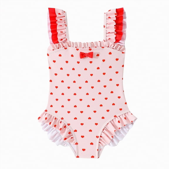 NOLDARES Girls Striped Ruffled Hem One Piece Swimwear Quick Dry Beach Bathing Suit(Pink,5-6 Years)
