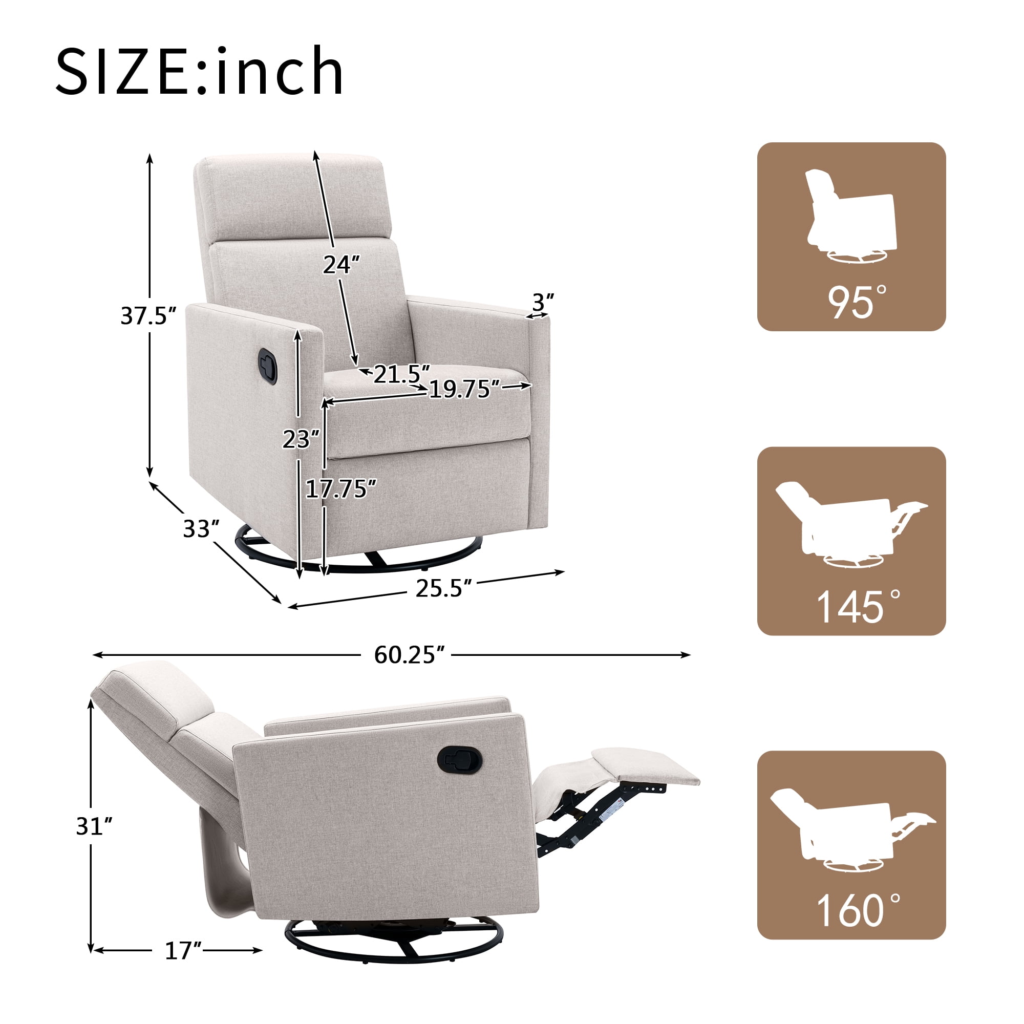 Aukfa Swivel Recliner Chair Rocker Nursery Chair Lounge Chair for Living Room Bedroom,Tan