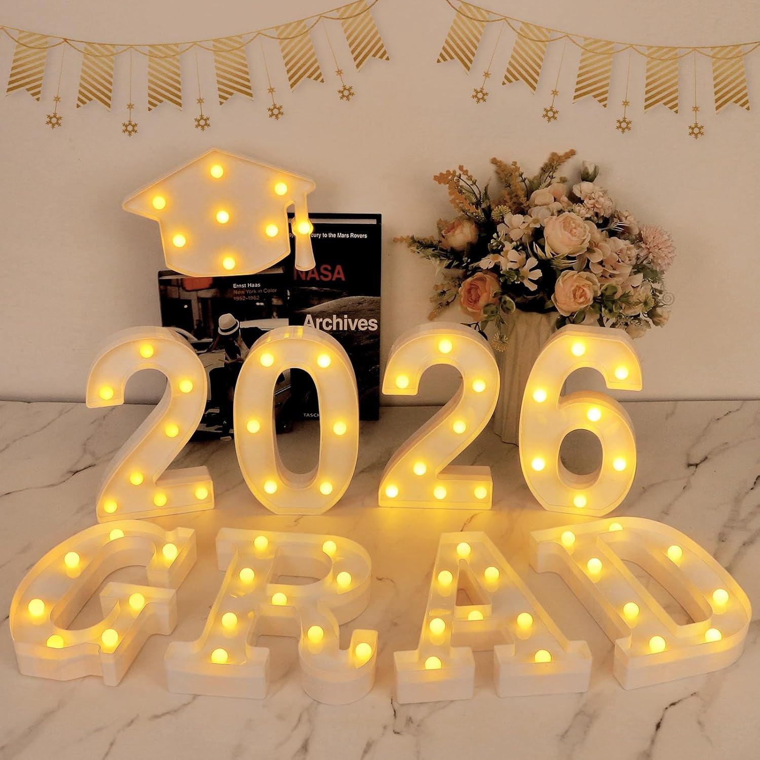 GRAD 2026 LED Light Up Letters Sign with Graduation Cap, Graduation Decorations for Class of 2026 Party, Table or Wall Decor for Kindergarten Preschool High School College
