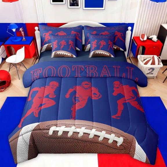 jejeloiu Football Gamer Silhouette 7-Piece Twin Bedding Sets,Rugby Ball Games Bedding Comforter Set For Boys Teens Reversible