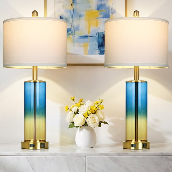 Lolikit 3 Way Dimmable Touch Table Lamps for Bedroom Living Room 26" Modern Coastal Blue Gradient Glass Bedside Lamp Set of 2 with USB A C Ports AC Outlets Bulb Included