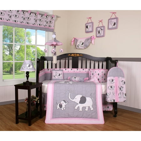 Boutique Baby Pink Gray Elephant 14 Pieces Nursery Crib Bedding Sets - Including Musical (Best Top 10 Mobiles)