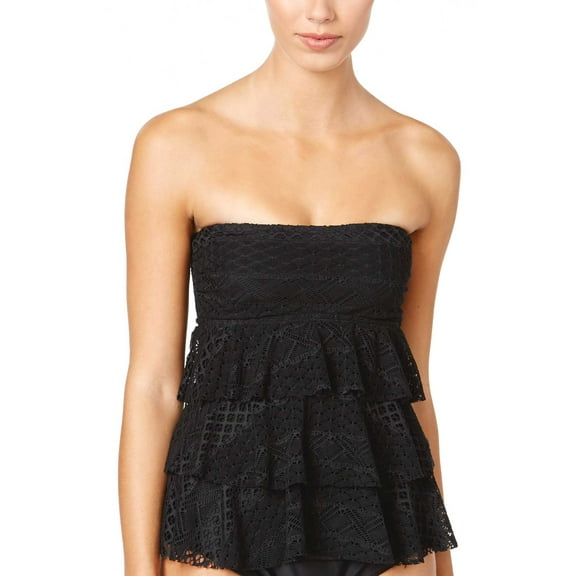 Island Escape Womens Sky Above Tiered Crochet Tankini Top 8 Black Swimsuit