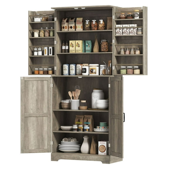 Farmhouse Kitchen Pantry Cabinet, 72” Tall with Barn Doors, 4 Adjustable Shelves, 8 Door Racks, Gray Wash - Kitchen Storage Organizer
