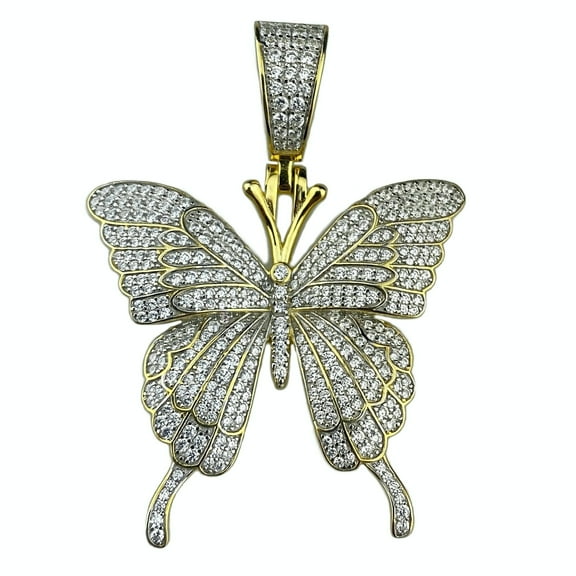 Real Solid 925 Sterling Silver Gold Finish Iced Flooded Butterfly Pendant Small Size 1.25"