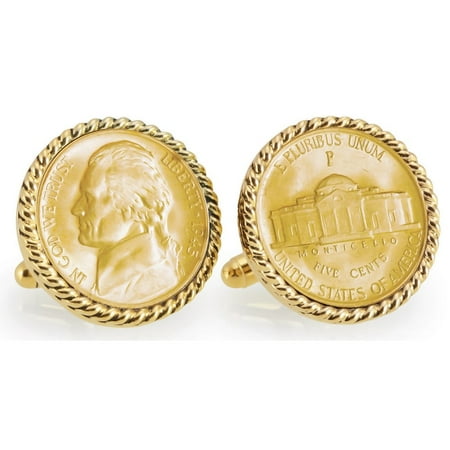 American Coin Treasures Gold-Plated Silver Jefferson Wartime Nickel Goldtone Rope Bezel Cuff Links