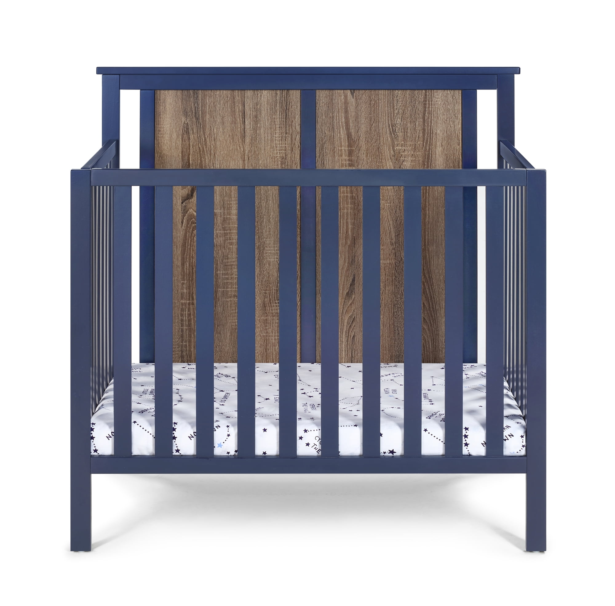 Suite Bebe Connelly Mini Crib with Mattress Pad, Midnight Blue & Vintage Walnut