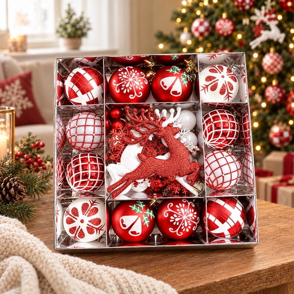 Kidsjoy Christmas Balls Ornaments, 45Pcs Christmas Tree Decorations for Tree, Home, Party, Red and White