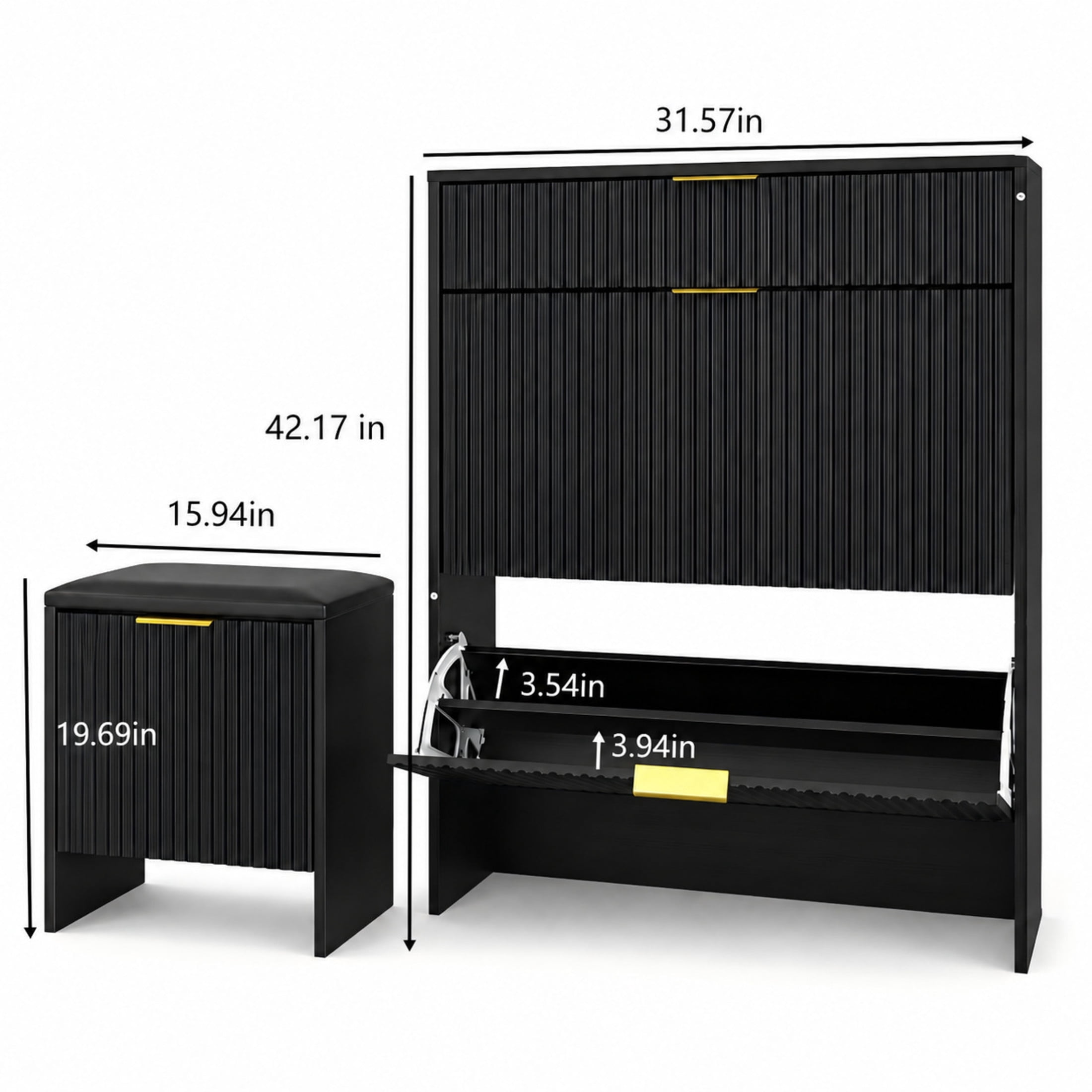 GDF Studio Solus Fluted Black Shoe Storage Cabinet Set with Padded Bench & Gold Pulls, Slim Hallway Organizer, Black
