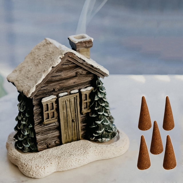 Quemadores de Incienso Navideños de Resina con Forma de Chimenea, Nieve y Cabaña Invernal con Varillas de Incienso.