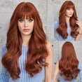 thumbnail image 2 of Pelucas de onda de cuerpo largo para mujer, cabello falso sintético rizado marrón de cobre con flequillo, Natural, uso diario para fiesta, pelucas suaves resistentes al calor, 2 of 4
