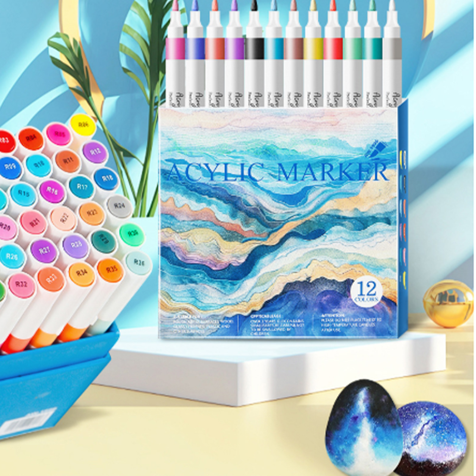 12/24/36/48 Colors Acrylic Paint Pens Marker Set for Rocks, Glass, Mugs, and Most Surfaces with 1-4mm Medium Tip Marker, Durable Soft Tip Watercolor Pens Artist Acrylic Markers(Blue,5.7x0.5x5.7")