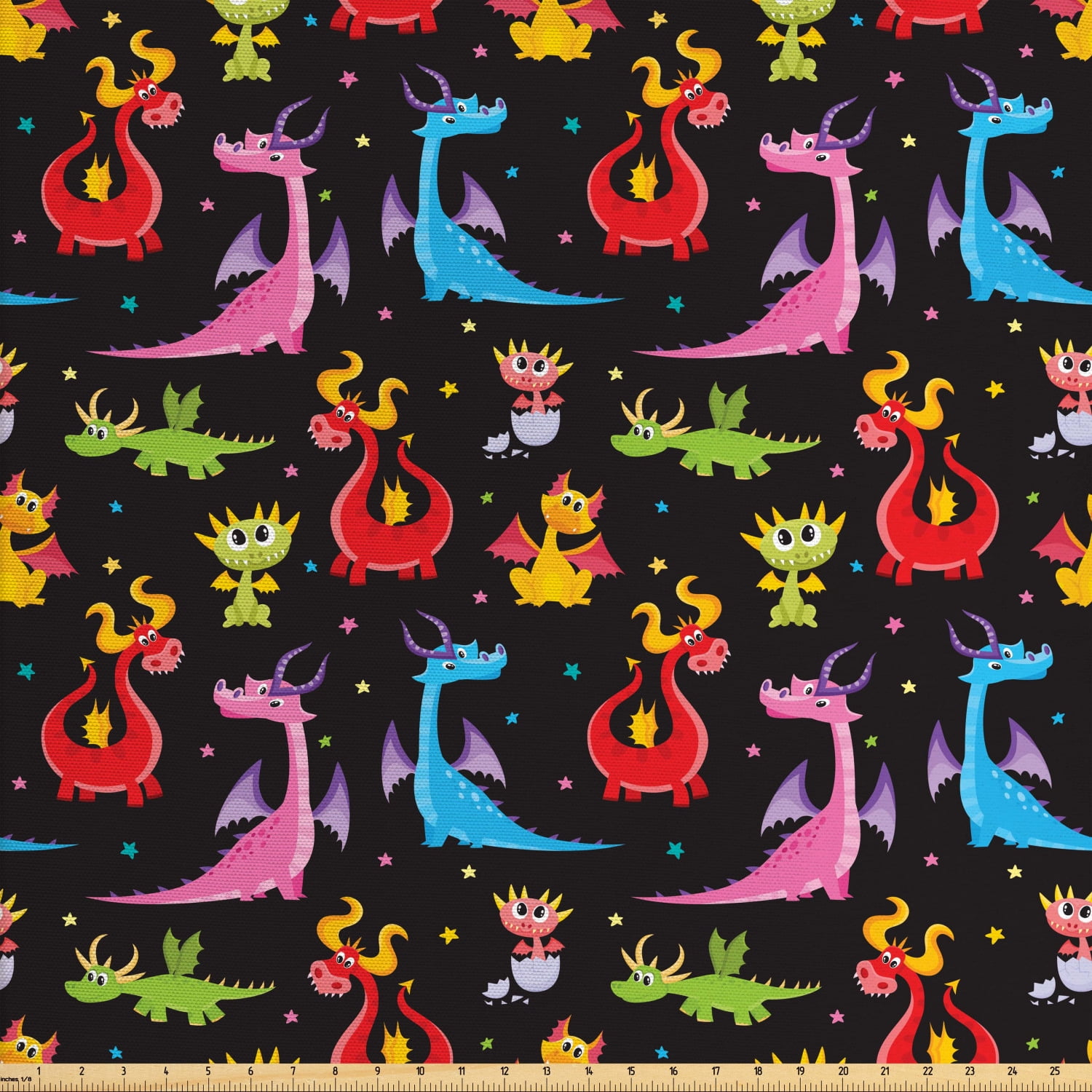 Dragon Fabric by The Yard, Different Kinds of Colorful Comic Dragons on