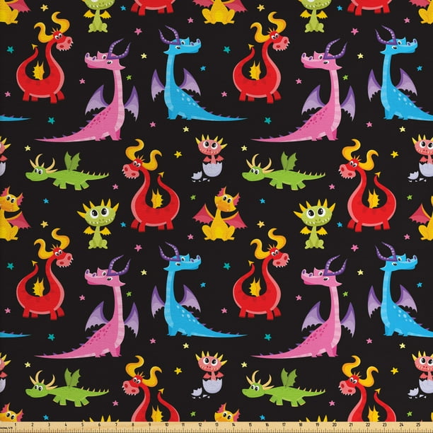 Dragon Fabric by The Yard, Different Kinds of Colorful Comic Dragons on