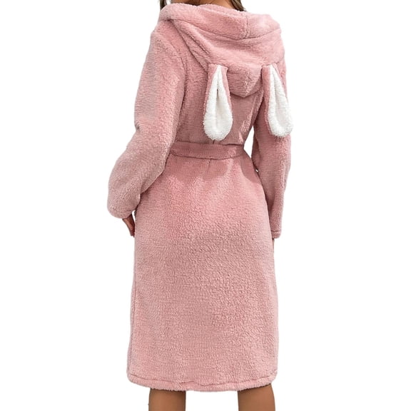Bath Robe Women's Fleece Long Sleeve Soft With Belt Printed Hood Women's Sleepwear,Pink,S
