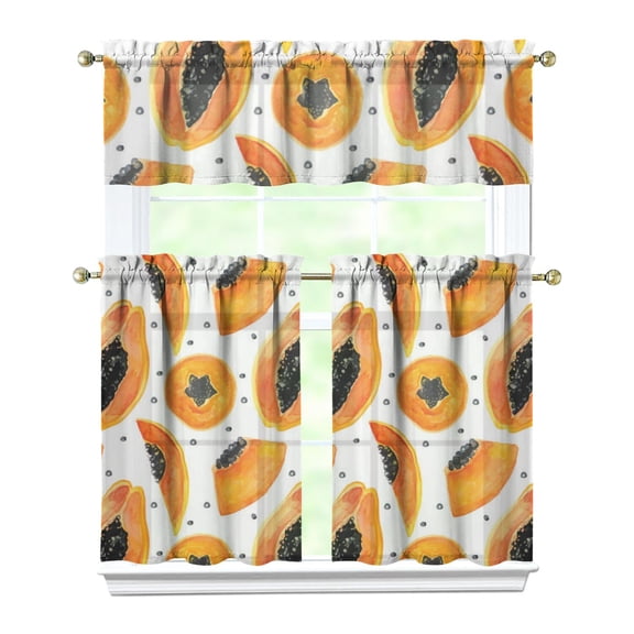 Kitchen Curtains 36 Inch Short - 3 Panel Set, Rod Pocket Window Curtain with Papaya Tropical Fruit Pattern, 100% Polyester for Farmhouse, Cafe, Kitchen, Living Room, Bedroom, Easy Wash