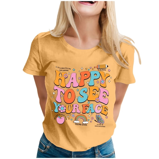TSADFHJI Chandail en Molleton pour Femmes Coton Manches Courtes Premier Jour d'École T-Shirt Graphique Professeur Rentrée des Classes m Jaune