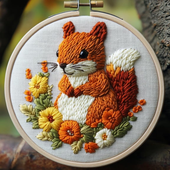 DIY Punch Needle Kits for Beginners Cute Squirrel and Flowers with Hoop Embroidery Punch Needle Starter Set Easy for Adults and Kids Festival Gift and Decor 20x20cm-1