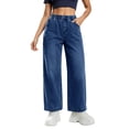 thumbnail image 2 of Cagogo Women Wide Leg Elastic Waist Flowy Casual Pants Loose Long Jeans Streetwear Vacation Trousers with Pockets Summer Beach Travel, Dark Blue S, 2 of 9