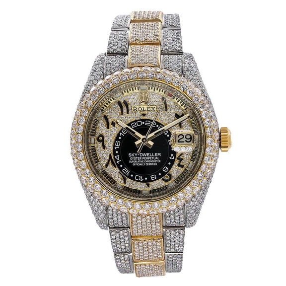 Pre-Owned Rolex Sky-Dweller 42MM 326933 Diamond Paved Eastern Arabic Dial Diamond Bezel Two Tone Yellow Gold Full Diamond Oyster Bracelet 25.75ct