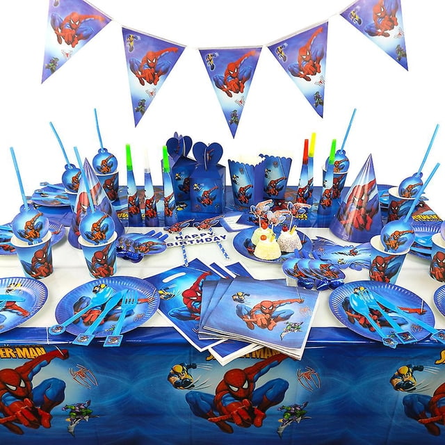 Spiderman Theme Birthday Party Supplies Tablecloth Paper Plate Pull Flag Party Atmosphere Decoration Set
