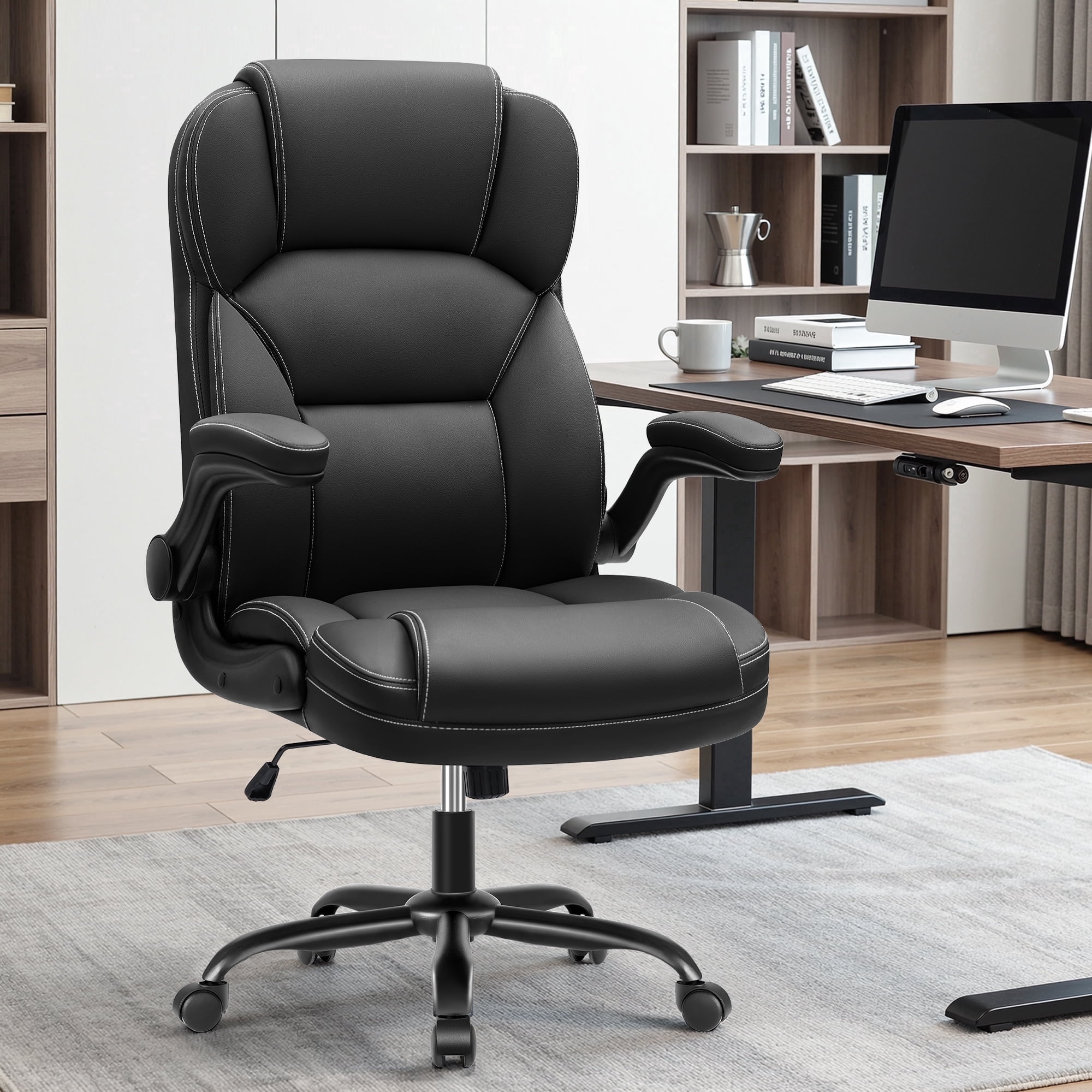 STACOO Executive Leather Office Chair, Ergonomic High-back Home Office Desk Chair with Adjustable Armrest and Lumbar Support, Black