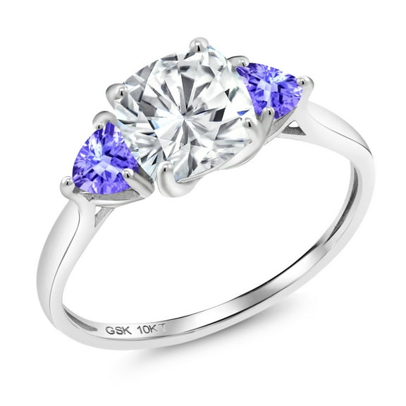 Gem Stone King 10K White Gold White Moissanite and Blue Tanzanite 3-Stone Engagement Ring for Women (2.12 Cttw, 7MM Cushion and 4MM Trillion, Size 6)