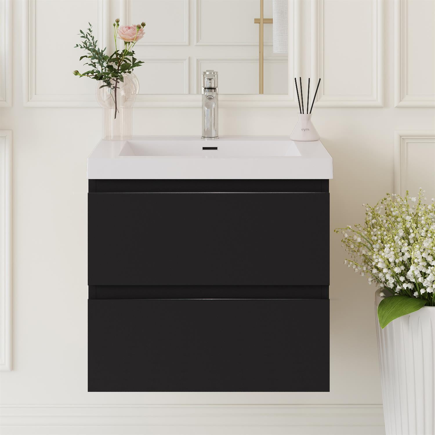 Demi Bonn 24" Floating Bathroom Vanity with Sink, Resin Top Basin and 2 Soft Close Drawers, Faucets and Drains Not Included, Black