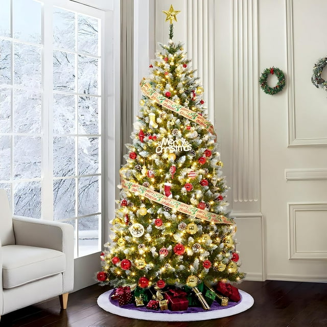 Snow Flocked Artificial Christmas Tree, Christmas Tree with Pinecones, Xmas Trees with Hinged Structure & Foldable Metal Stand, Easy Setup for Holiday Decor