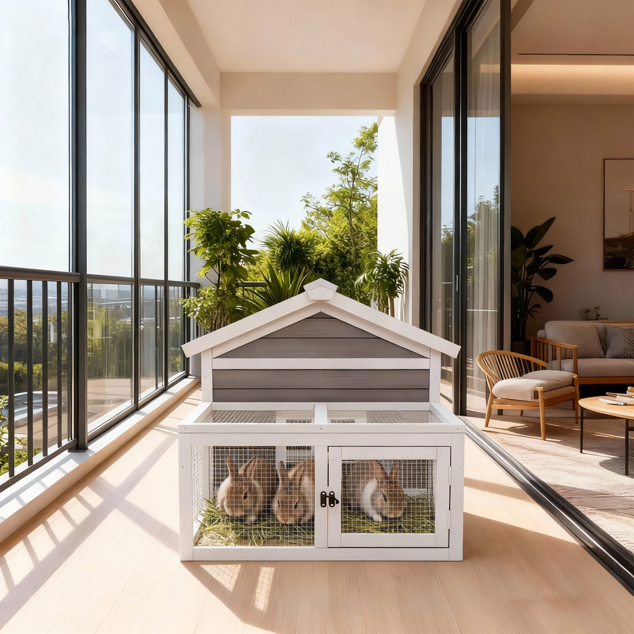 Indoor Wooden Rabbit Hutch with Wire Mesh Run,Outdoor Predator Proof Critter Cage,2 in1 Weatherproof Guinea Pig Hideout, Grey