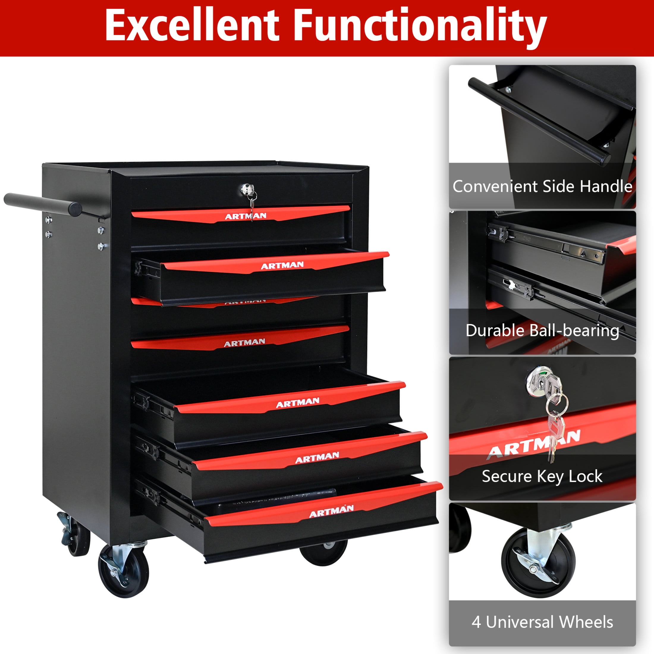Noble House 7-Drawer Mobile Steel Tool Organizer with Key Lock, Ball Bearing Slide Storage Cabinet Box, Black