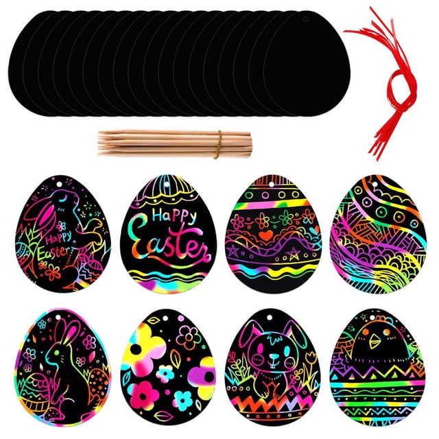 Cleaning Brushes Easter Eggs Scratch Paper Art Set 12 PCS Mini Notes With Colorful Ribbon And Wooden Stick Crafts For Kids Party Easter Decor Tree Decor