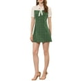 thumbnail image 2 of Allegra K Women's Plaid Tie Neck Contrast Panel Puff Short Sleeve Dress, 2 of 5