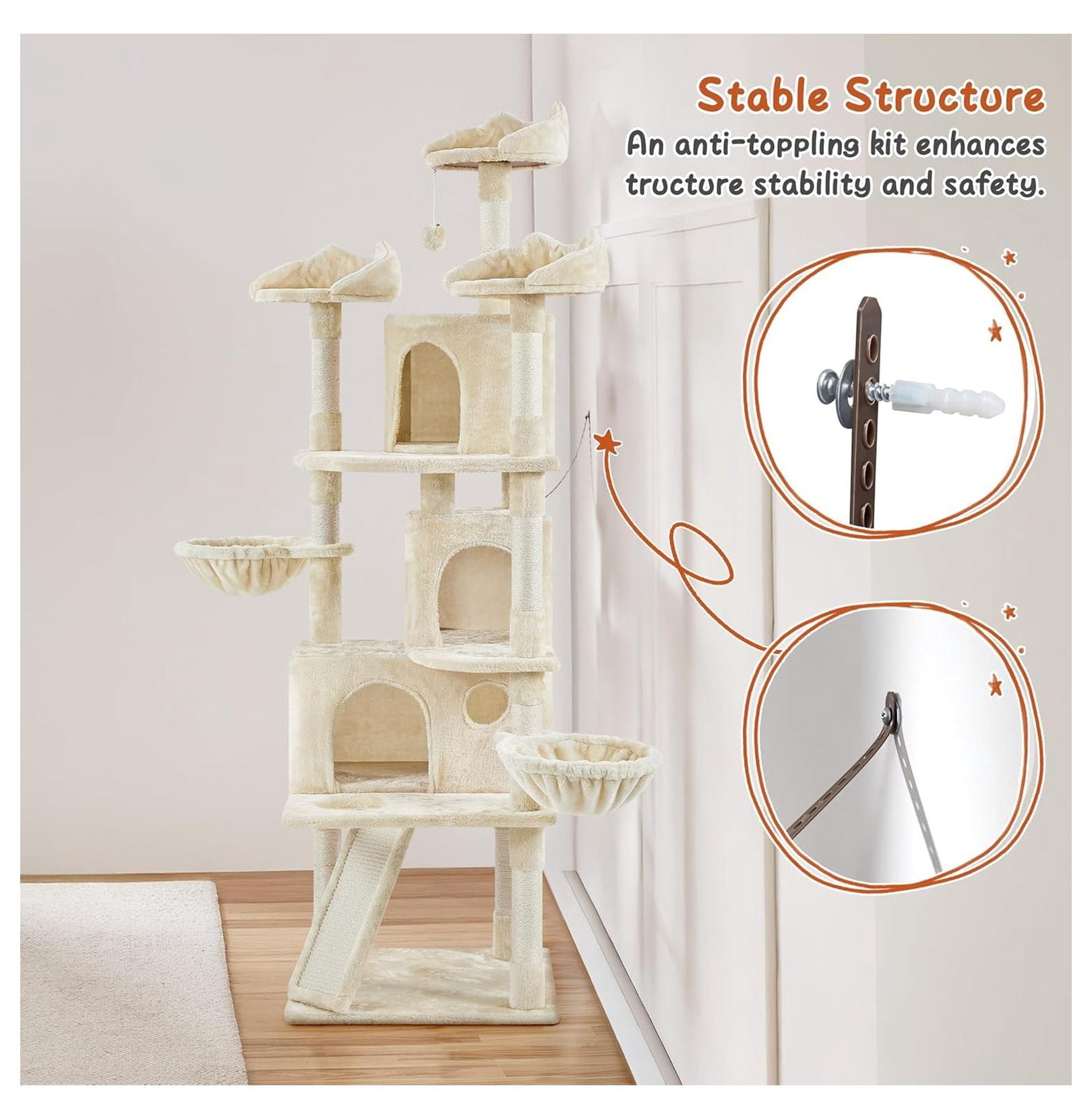 Cat Trees for Large Indoor Cats, 76.5'' Cat Tower with Perches & Condos