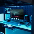 thumbnail image 2 of Full Size Wood Loft Bed with Workstation, Gaming Loft Bed with Desk, Wardrobe, Shelves, Blackout Curtains & RGB Lights – Space-Saving Multifunctional Furniture for Dorm, or Apartment, Black+Blue, 2 of 9