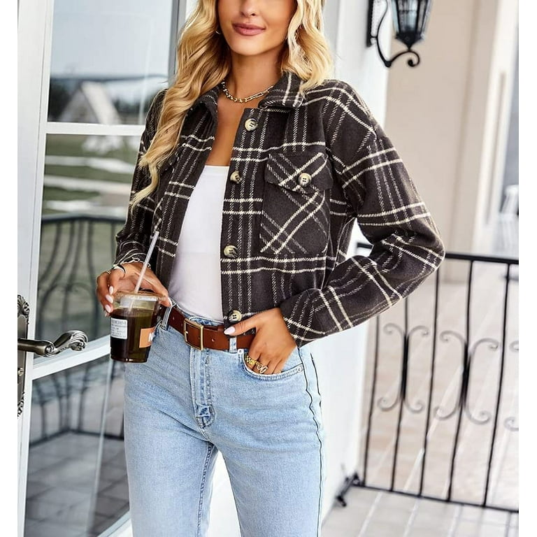 DanceeMangoos Cropped Shacket Jacket Women for Fall Fashion Plaid Flannel  Button Down Shirts Tops Nashville Country Outfits