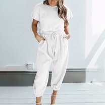 Tbopshirt Women's 2 Piece Outfits Women's Two Piece Solid Cotton Linen Short Sleeve Round Neck Open Back Tops and Pants Set Wide Leg Pants