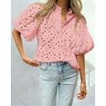 thumbnail image 3 of PRETTYGARDEN Women's Summer Tops Dressy Casual Short Lantern Sleeve V Neck Buttons Hollow Out Lace Embroidered Blouses Shirts, 3 of 9