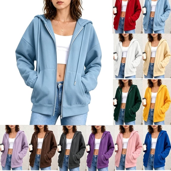 Women's Full Zip Fashion Hoodie, Oversized Long Sleeve Hooded Sweatshirt with Pockets, Casual Cute Zip Up Hoodies, #01_Light Blue, L