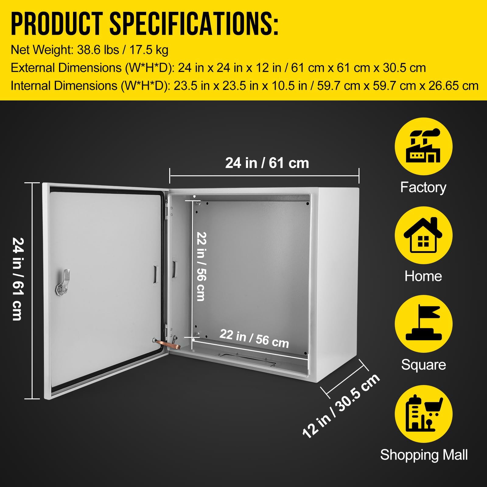 Outdoor Electrical Box, 24x24x12 Steel Junction Box, NEMA 4X Electrical Enclosure Box IP66 Waterproof & Dustproof, Universal Electrical Project Box with Lock & Mounting Plate