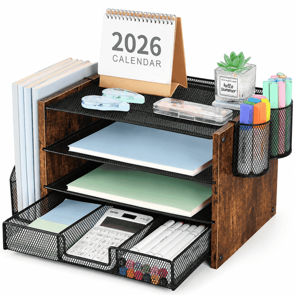 MEHOOM 4-Tier Wooded Desk Organizer Sets, Desktop File Organizer with Drawer and Pencil Holders for Office, Dorm Desktop Setup, Classroom Desk Accessories & Workspace Organizers