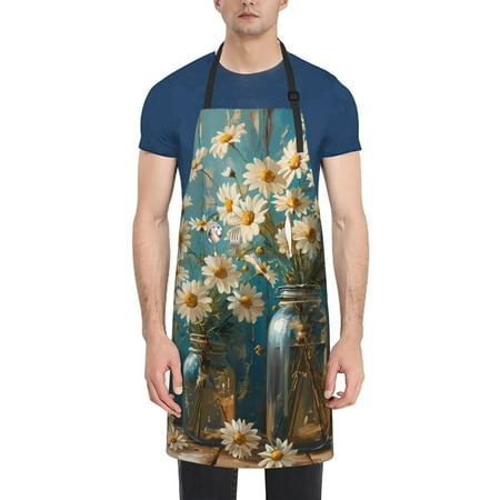 

Qekee Delicate White Daisy Jars Print Waterproof Apron with Pockets Adjustable Cooking Aprons Kitchen Bib for Baking Household Cleaning