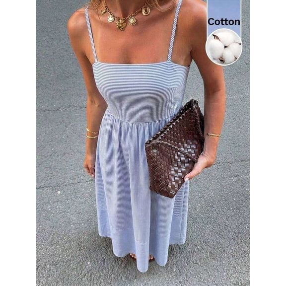 Blue And White Striped Spaghetti Strap A-Line Maxi Dress For Women, Square Neck Casual Vacation Sundress
