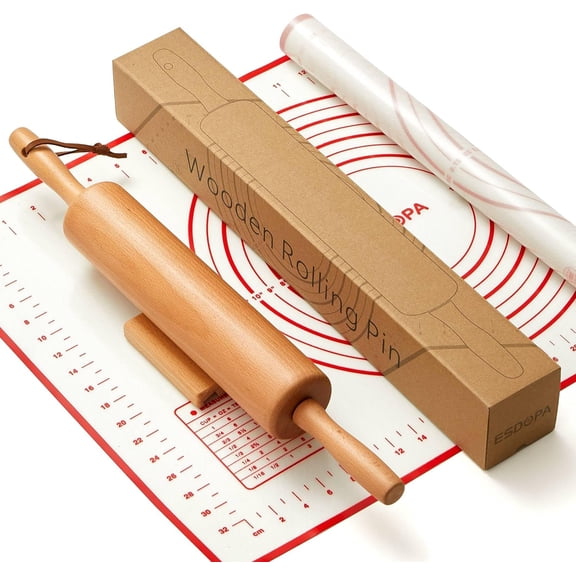 Classic Wood Rolling Pin - Wooden Rolling Pins for Baking Silicone Mat Set, Dough Roller with Wood Base, Fondant Roller for Pie Crust Cookies Pizza Dough and Bread, 17 Inch