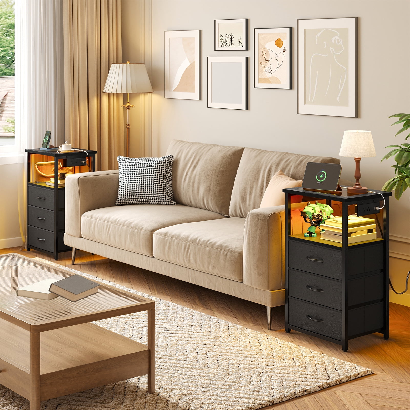 Tomnk Modern Nightstand with LED Lights & Charging Station, Side Table with Tempered Glass Top, USB Ports & Power Outlets, 3 Fabric Drawers for Bedroom, Living Room, Black